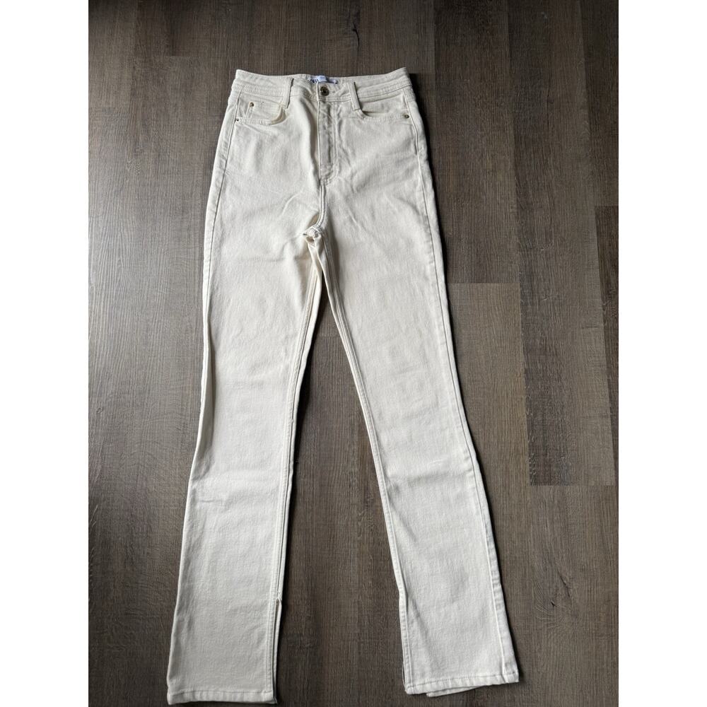 Zara Side Slit High Waisted Slim Straight Denim Jeans in‎ Ecru Ivory Womens Sz 4
